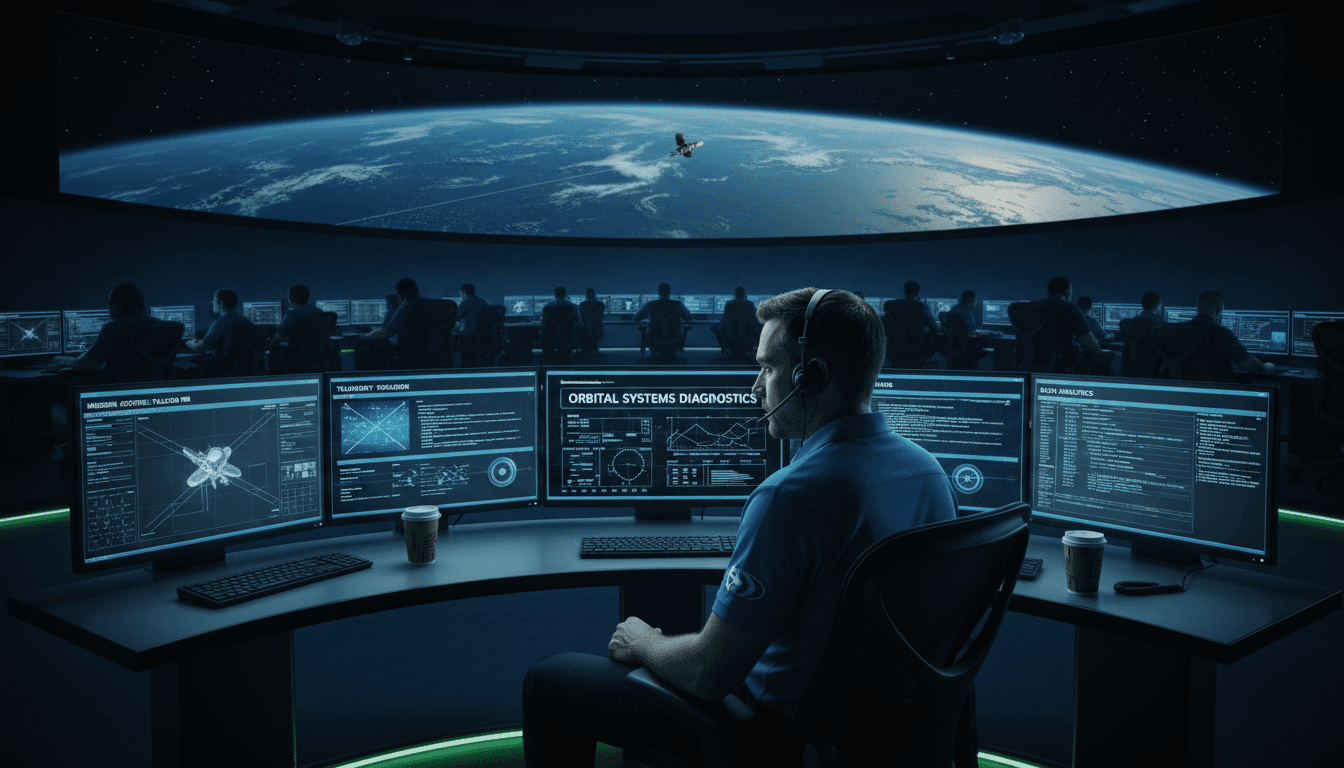 Engineer monitoring spacecraft telemetry in a mission control room