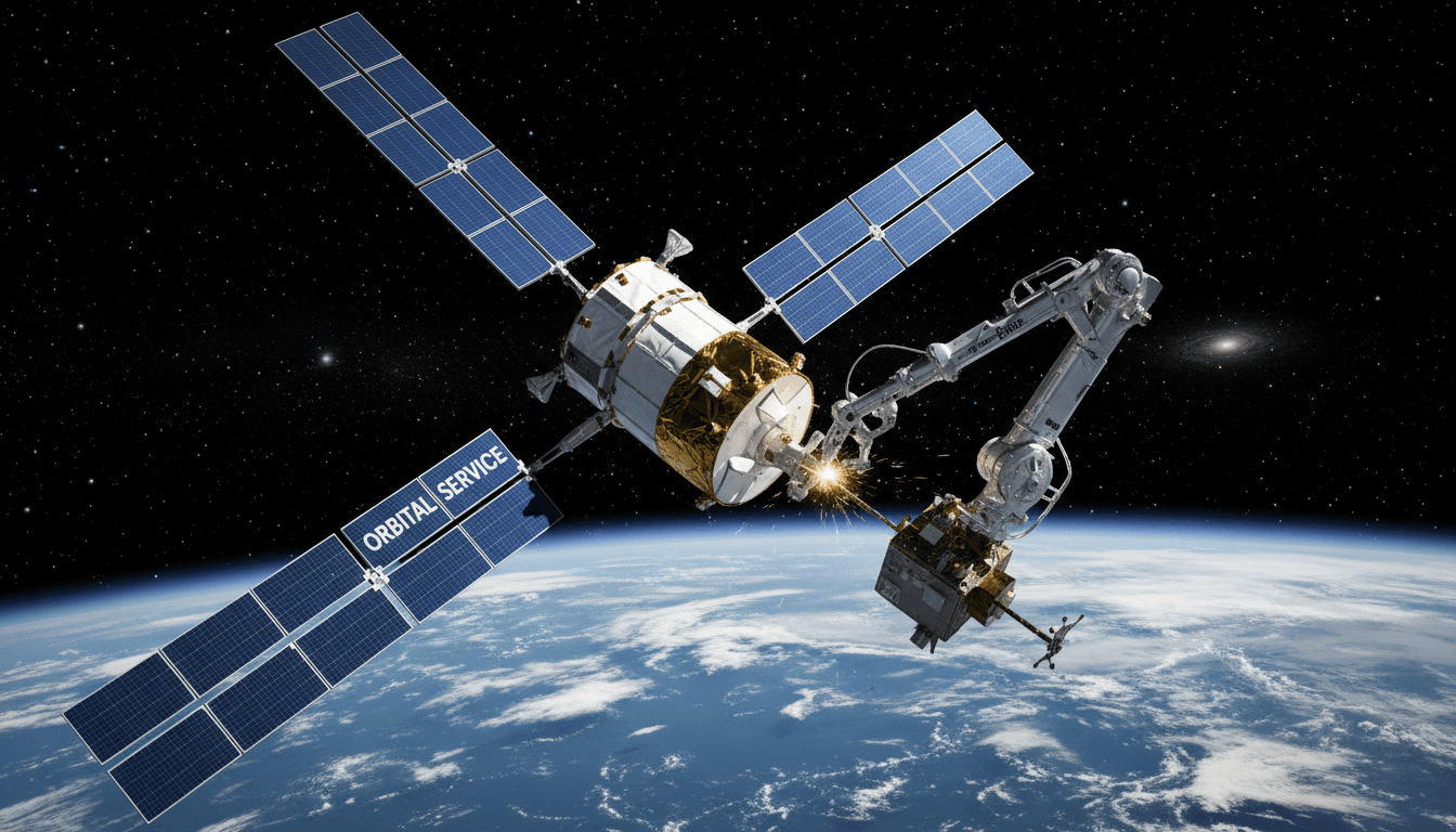Spacecraft in orbit with a robotic arm performing maintenance