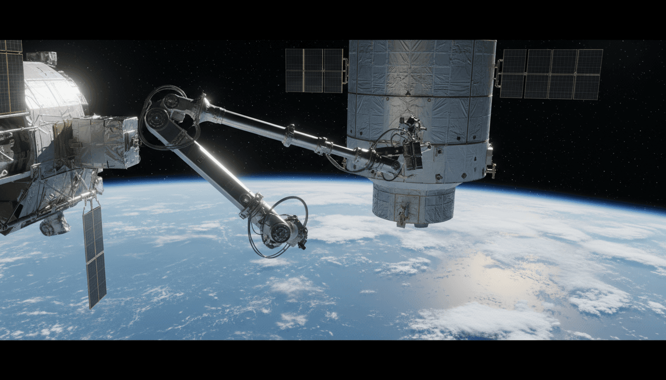 Robotic arm servicing a satellite in low Earth orbit