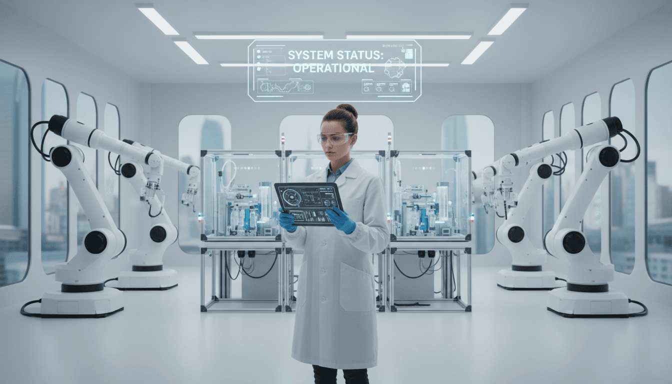Technician with tablet monitoring a robotic system in a lab