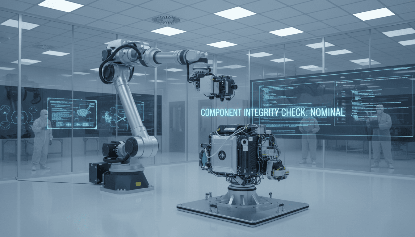 Robotic arm inspecting a spacecraft component in a clean facility