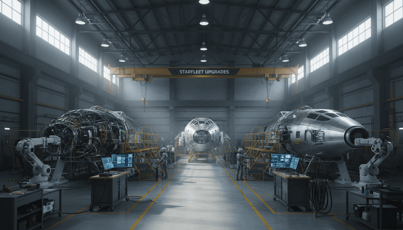 Spacecraft in orbit with robotic arm performing maintenance