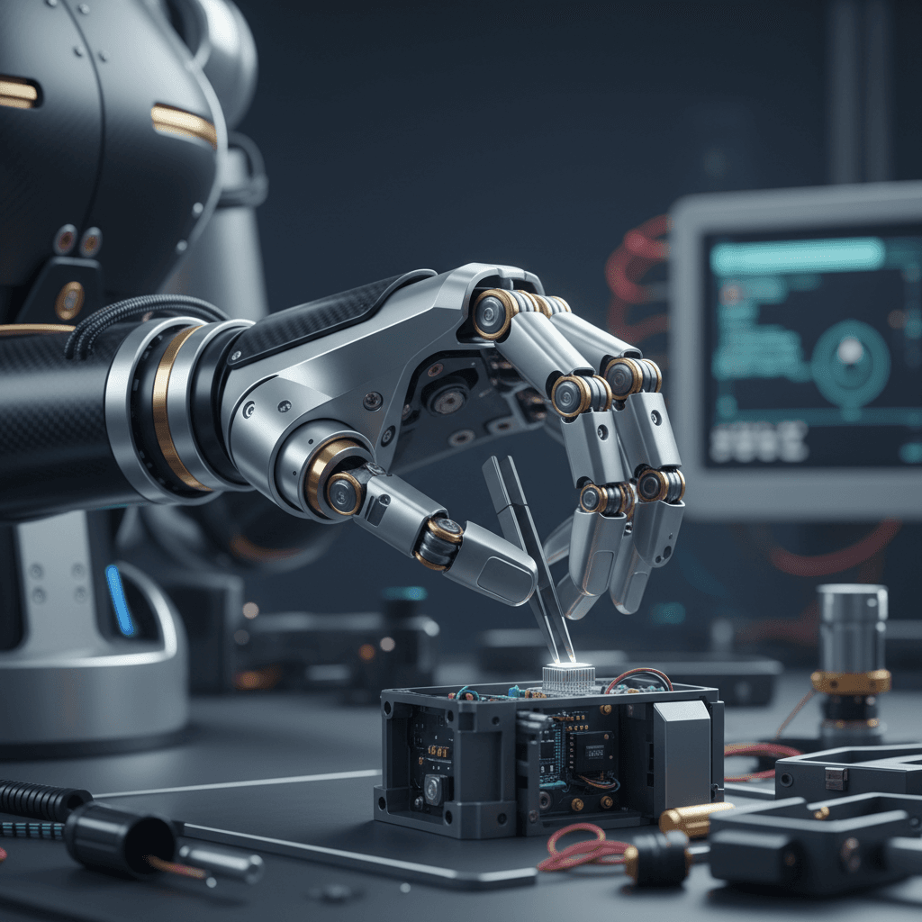 Spacecraft in orbit with a robotic arm performing maintenance