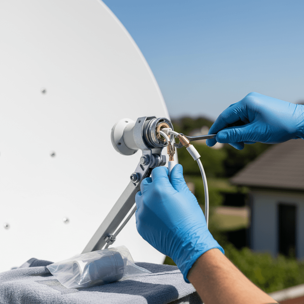 Robotic arm performing precision maintenance on a satellite in orbit