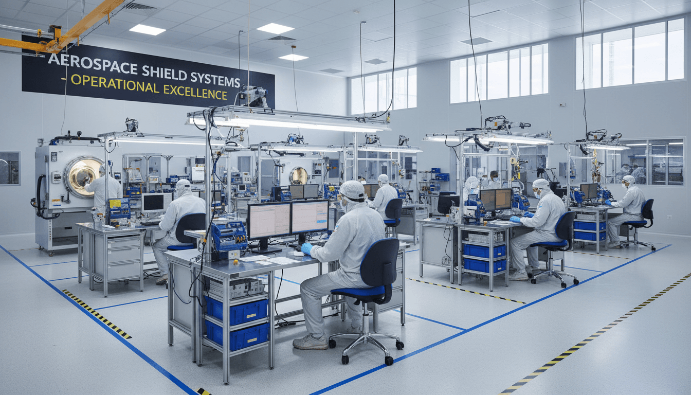 Engineers working on satellite in clean aerospace facility